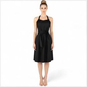 Lafayette 148 NY Black Linen Halter O Ring Chain Neck Tie Belt Summer Dress 2